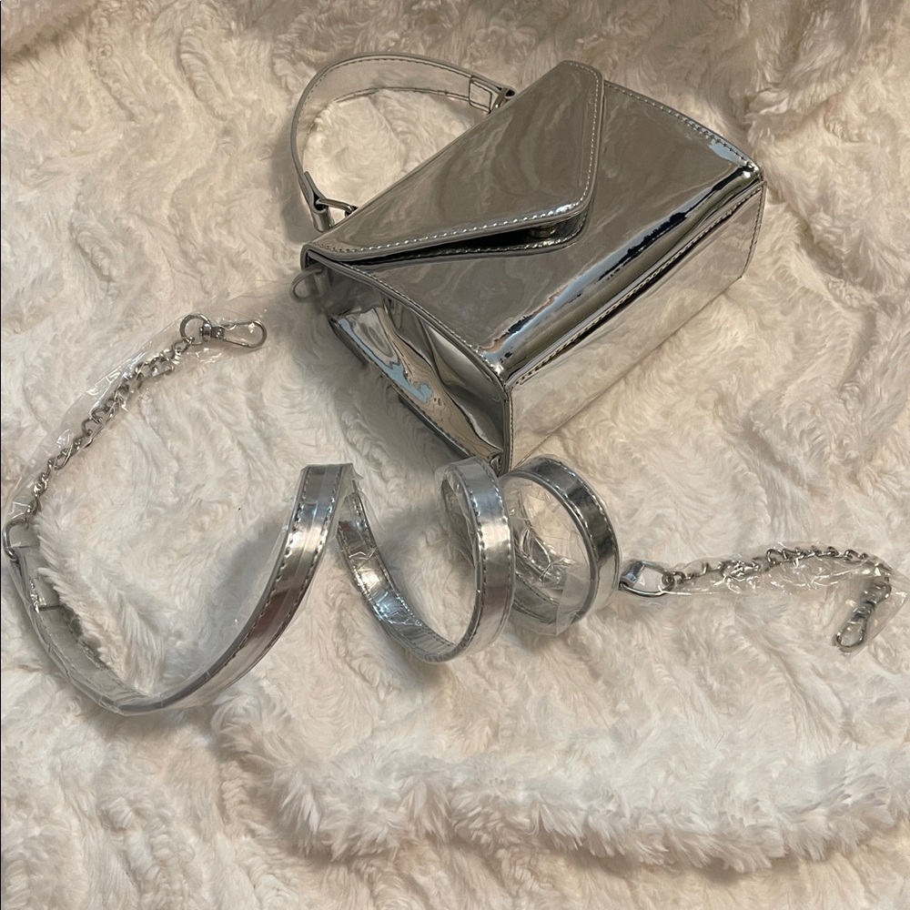 Shiny Metallic Silver Top-Handle Crossbody Bag - Picture 12 of 16